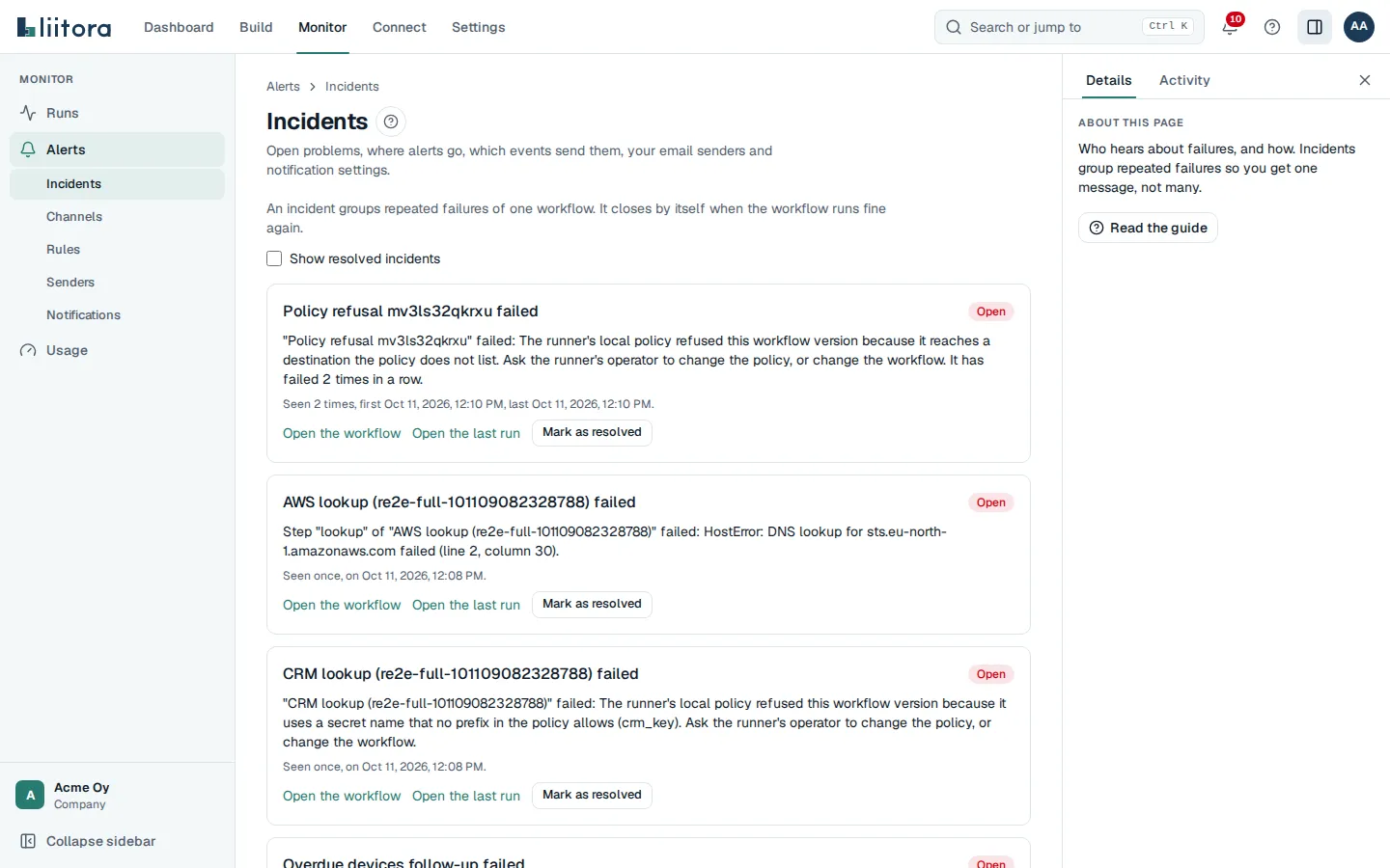 The Alerts page on the Incidents tab: open incidents with a summary, how often they happened and links to the workflow and the last run