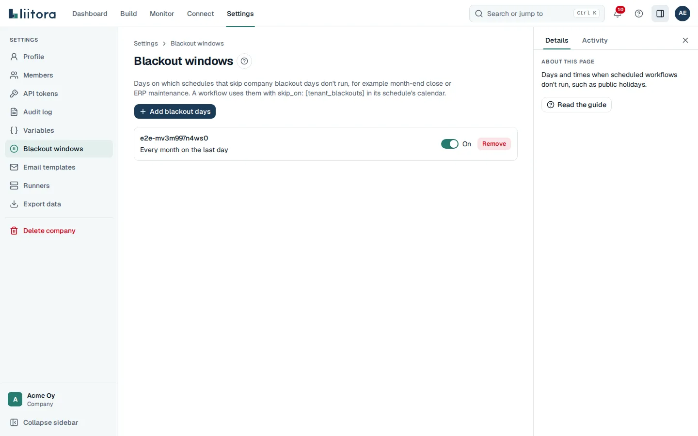 The Blackout days tab with a month-end window, its rule in words, the On box and Remove