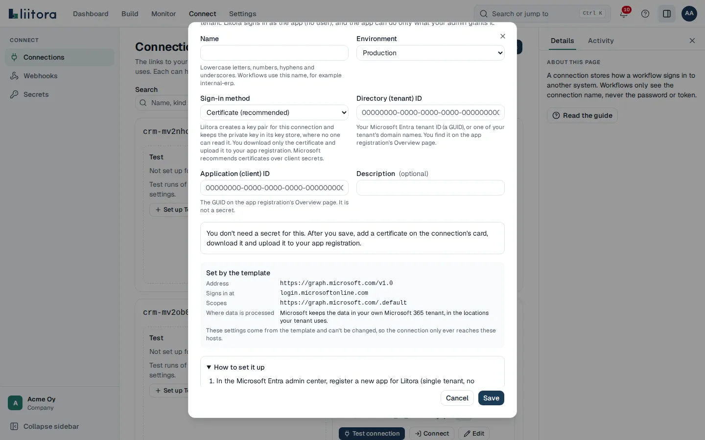 The Add a connection form with the Microsoft 365 template: the name, the sign-in method, the tenant ID and client ID, the settings the template fixes and the setup steps