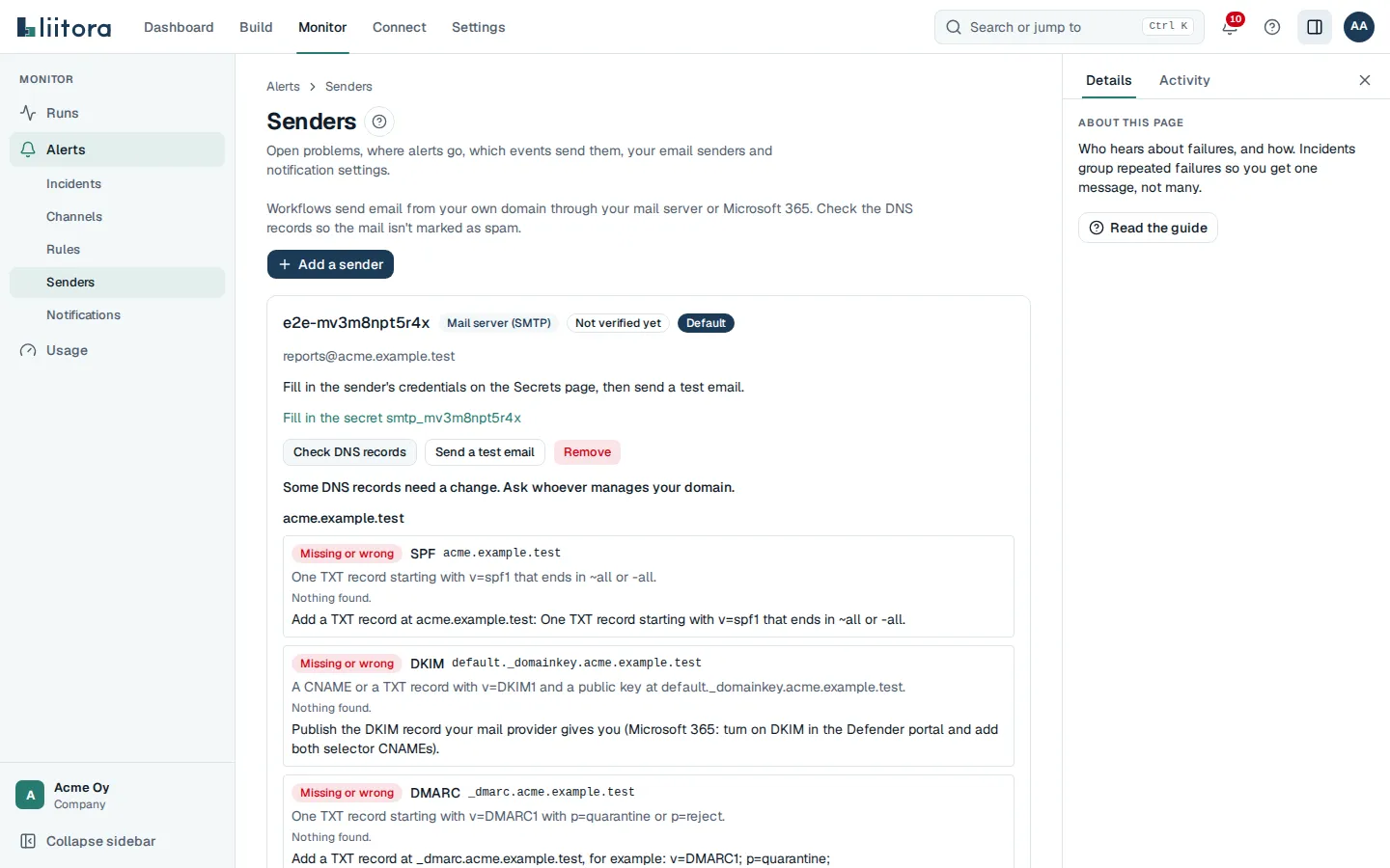 The Email senders tab with a sender and its DNS check results for SPF, DKIM and DMARC