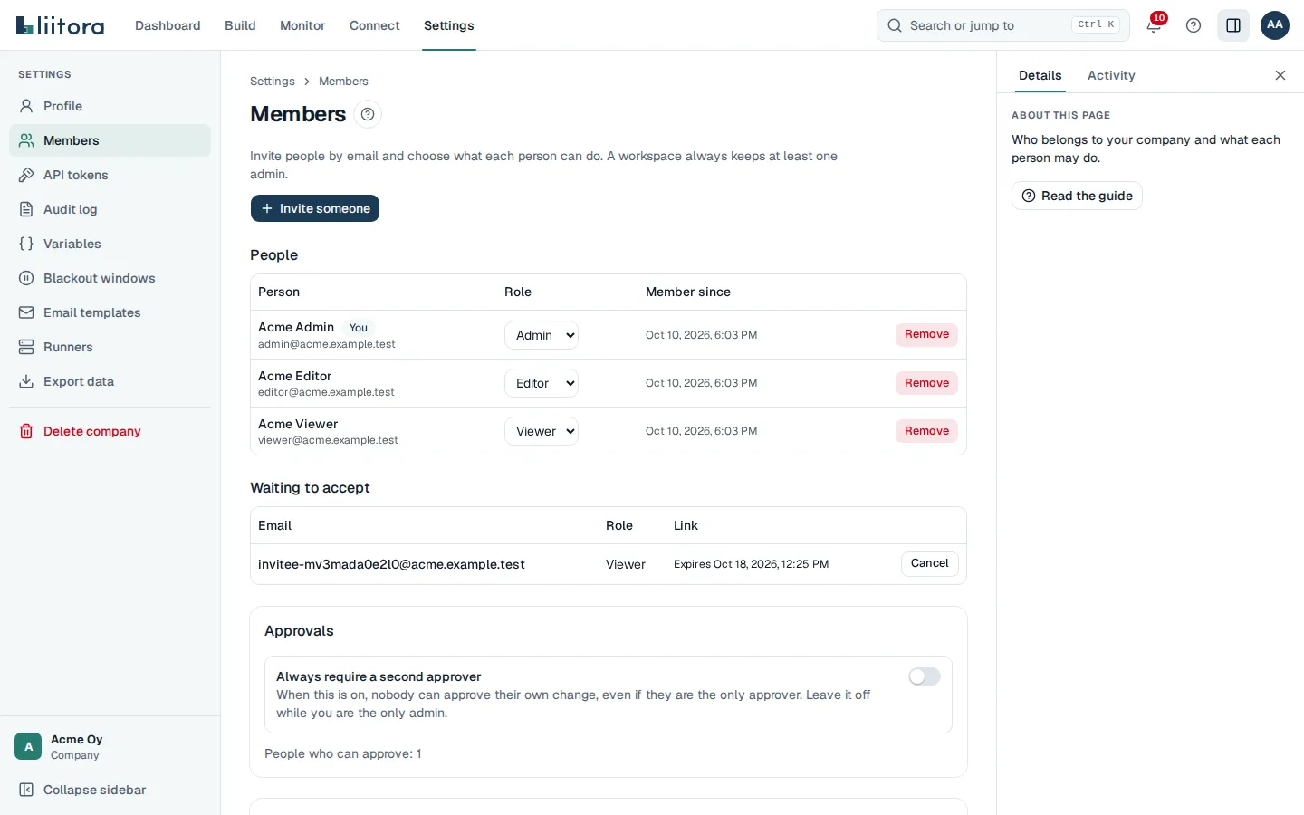 The Members and roles tab: the people with their role, invites waiting to be accepted, and the Invite someone button