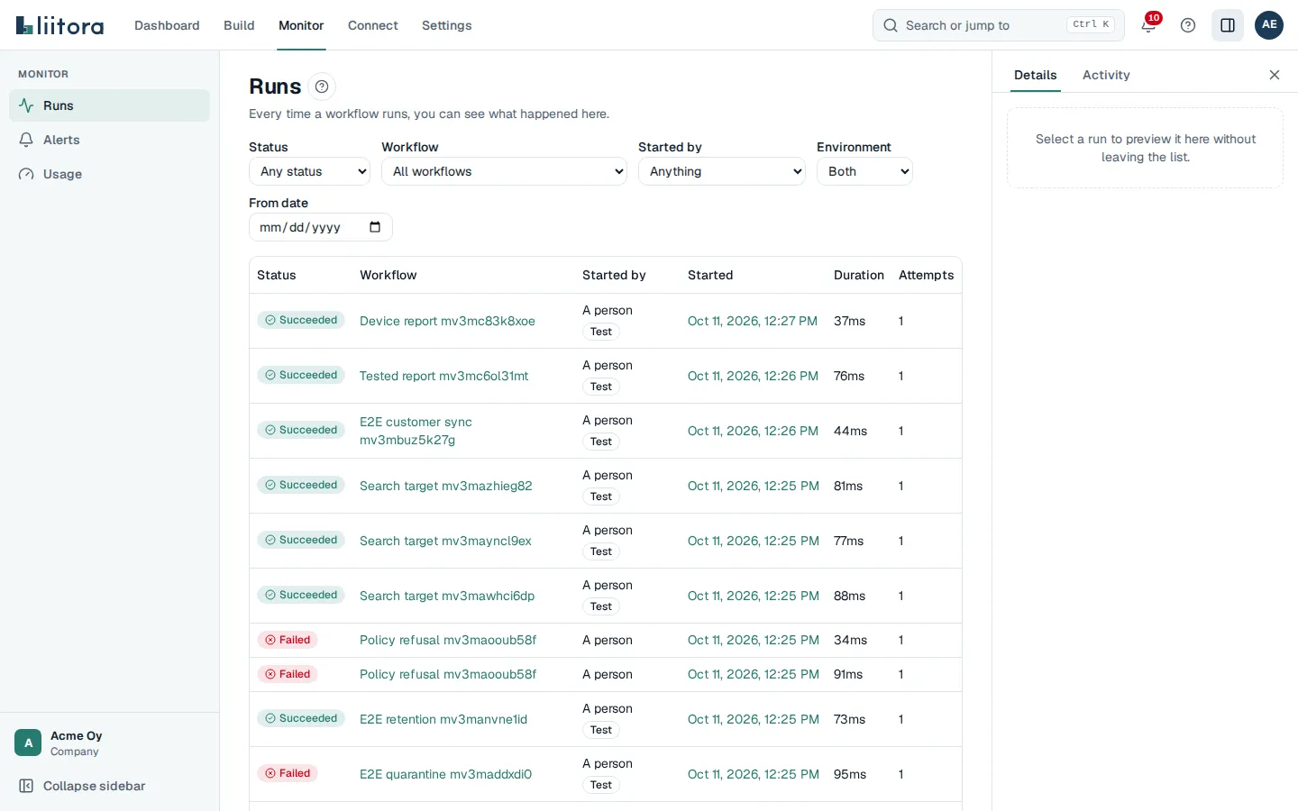 The Runs page. Filters for status, workflow, what started the run, environment and date sit above a table of runs with their status, workflow, what started them, start time, duration and attempts.