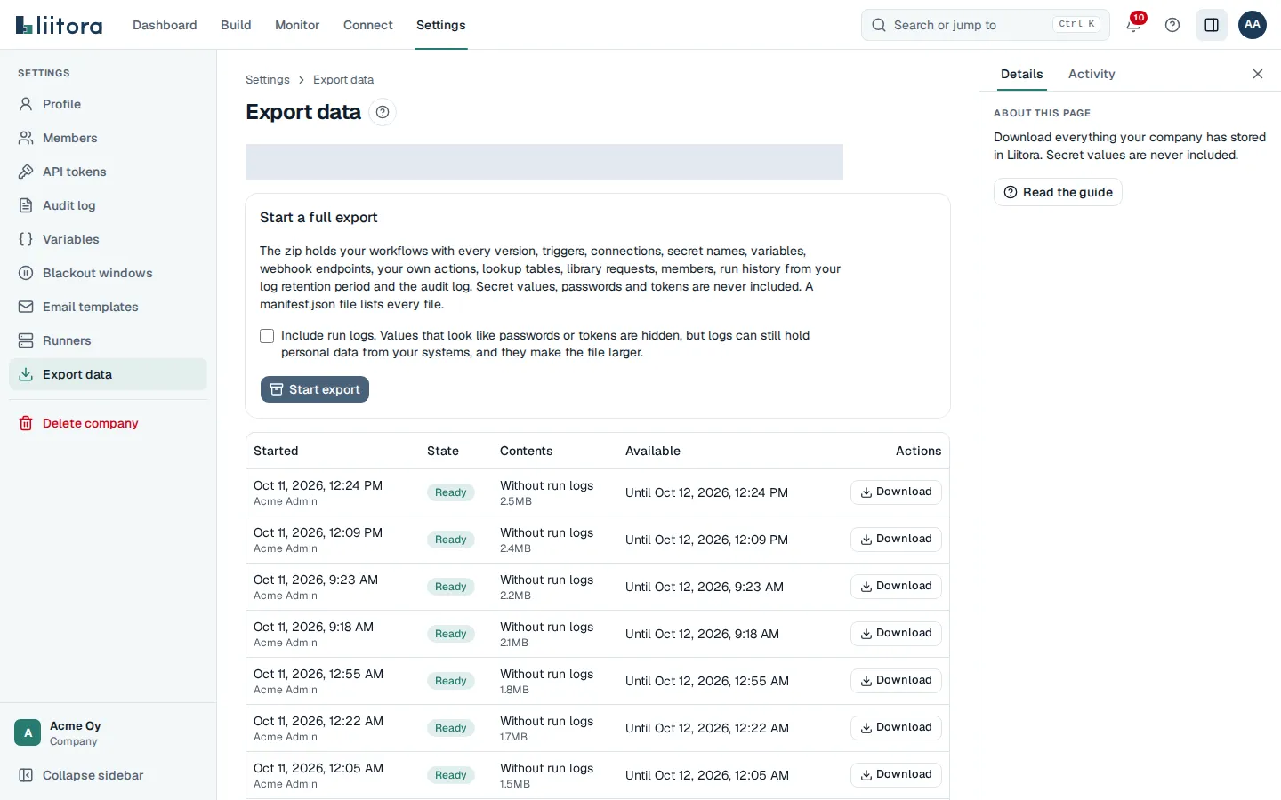 The Data export tab with the run logs choice, the Start export button and one ready export with its Download button