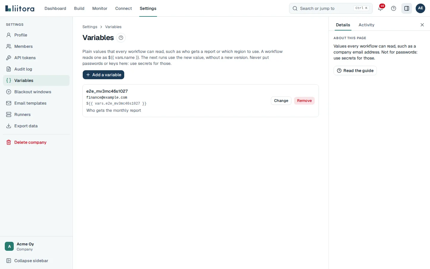 The Variables tab with one variable, its value and how a workflow reads it