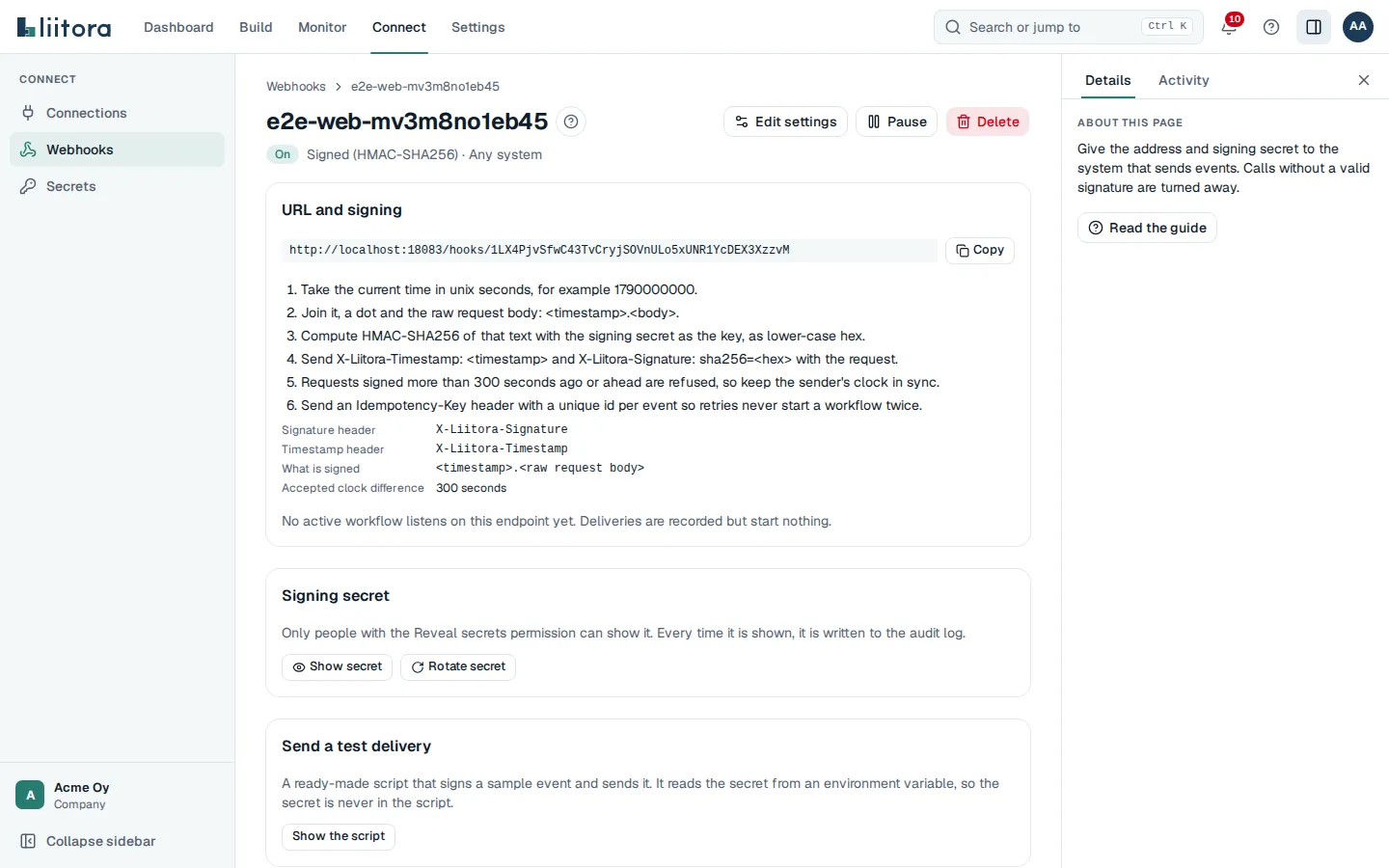One webhook endpoint: its URL, the signing steps, the header names and clock difference, the Signing secret box with Show secret and Rotate secret, and Send a test delivery