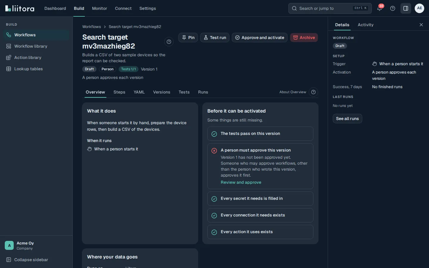 A workflow’s page in the dark theme, with the step graph.