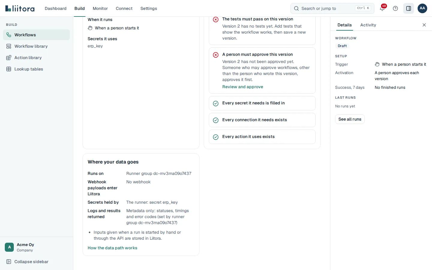 The Where your data goes card on the workflow’s Overview tab for a workflow on a runner group