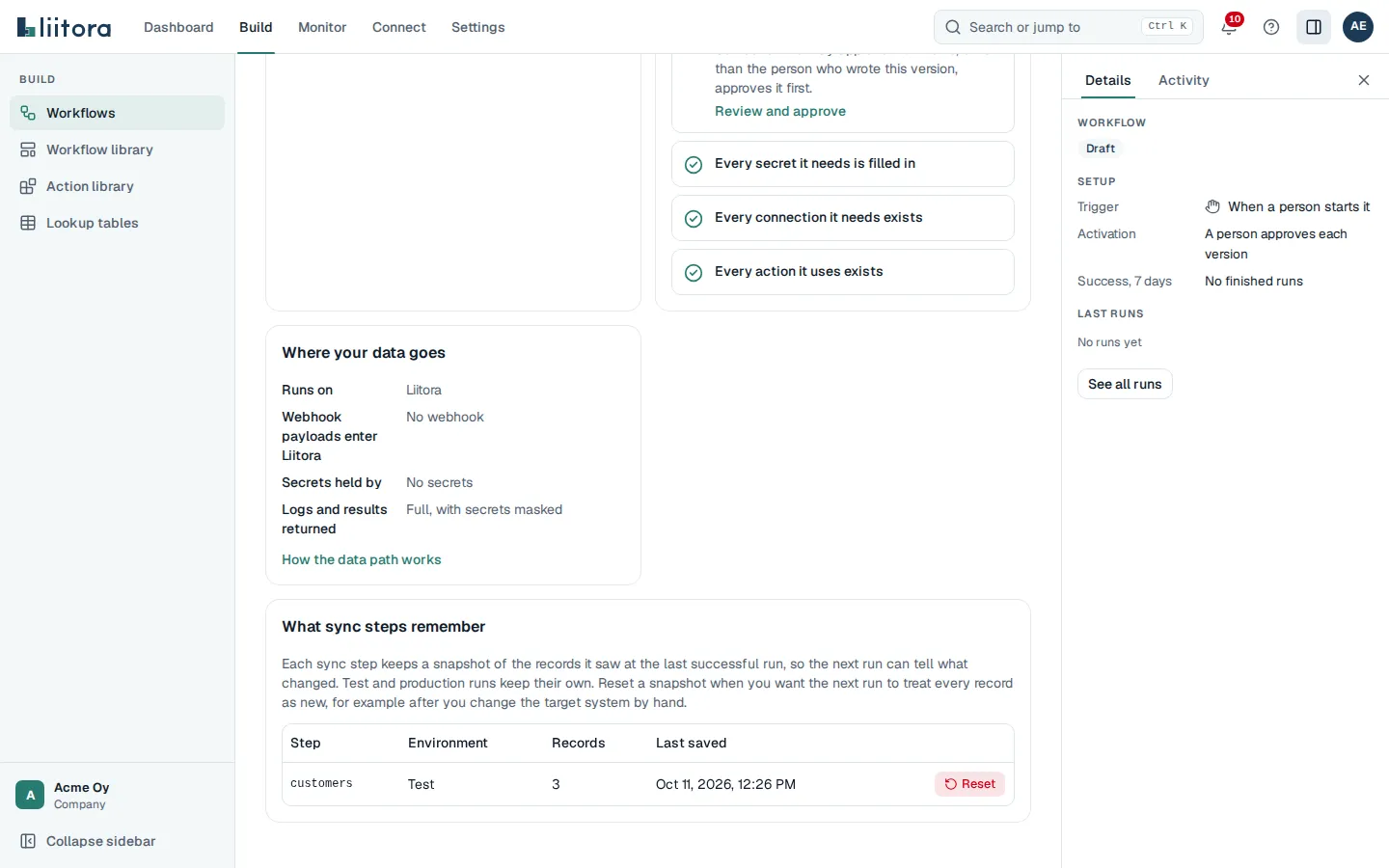 The What sync steps remember card on a workflow’s Overview tab: a table with the step customers, the environment Test, 3 records, the time it was last saved, and a Reset button