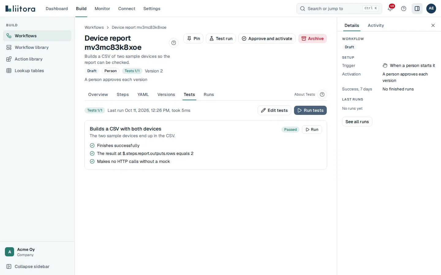 The Tests tab of a workflow. It shows Tests 1/1 and when the tests last ran, a Run tests button, and one passed case with its description and three checks written as sentences.