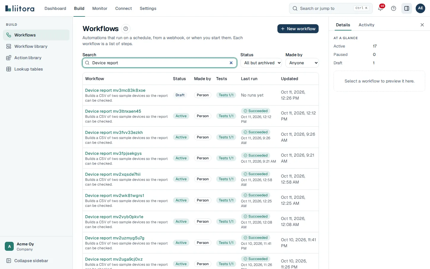 The Workflows page: filters for search, status and who made it, and a table of workflows with their status, author, tests badge, last run and when they were updated